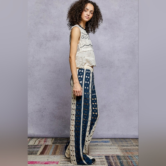 POL Crochet Openwork Wide Leg Lounge Wide Leg Pants with Stripe Detail - Picture 4 of 5